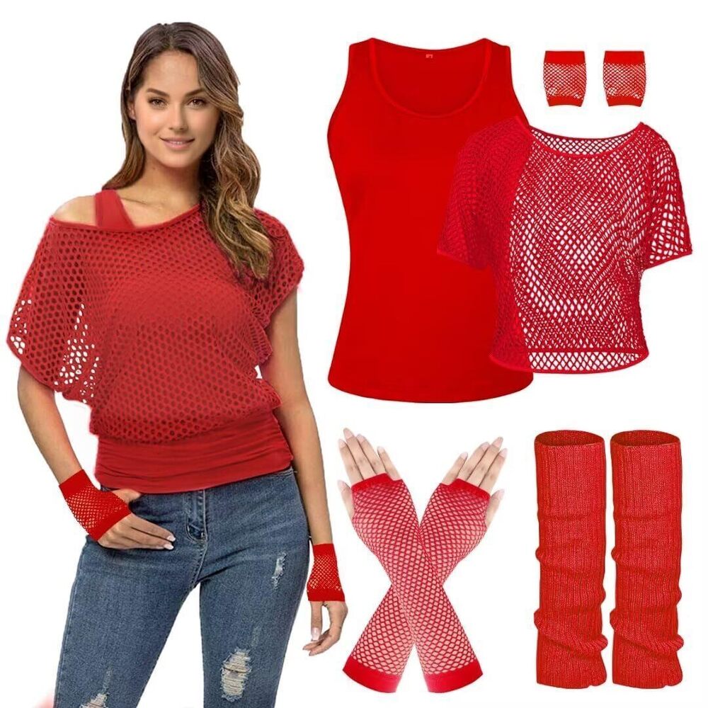 7165 Casual Sexy 80s Costumes Fishnet Neon Off Shoulder T-Shirt 80s Costume